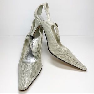 J. Renee Julian Mary Jane Pointed Toe Heels Silver Metallic Genuine Leather